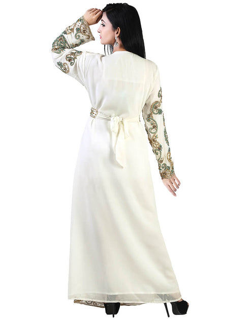Modern White Georgette Hand Peral Embroidery Kaftan